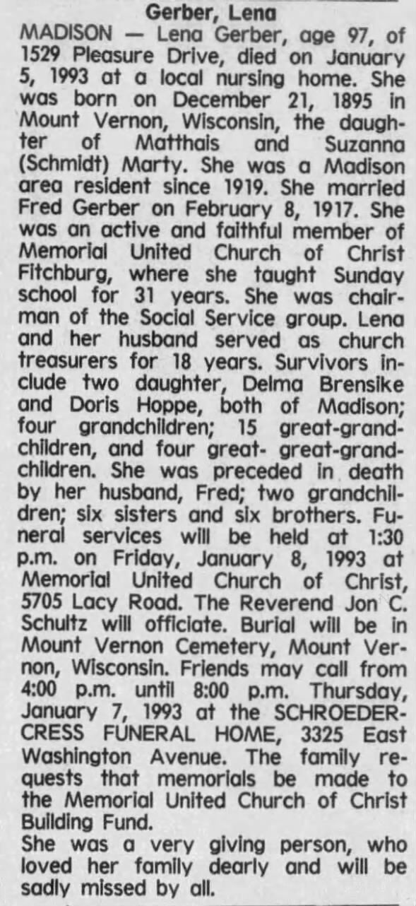 Obituary for Lena Gerber, 1895-1993 (Aged 97)